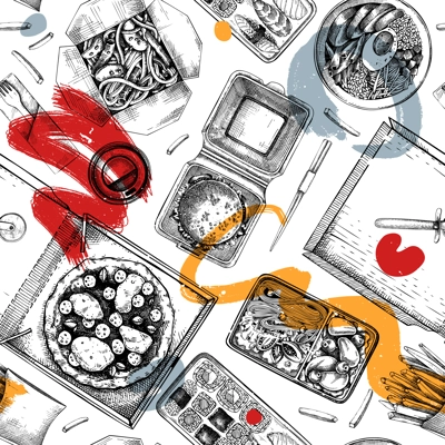 Fast food seamless pattern. Hand-drawn vector illustration. Burger, pizza, poke, sushi, coffee sketches. Takeaway food and restaurant delivery background. Engraved style, top view, collage style